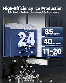 Commercial Under Counter Ice Maker with Drain Pump, Produces 85Lbs Daily Output, 24Lbs Storage Capacity, Self-Cleaning, 24H Timer, Built-in Freestanding Design, Ice Machine for Home, Bar, Cafe