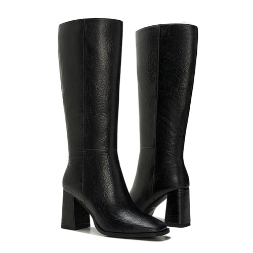 Women's Wide Calf Knee High Boots – Plus Size Faux Leather Tall Boots with Chunky Heel, Square Toe & Side Zipper3