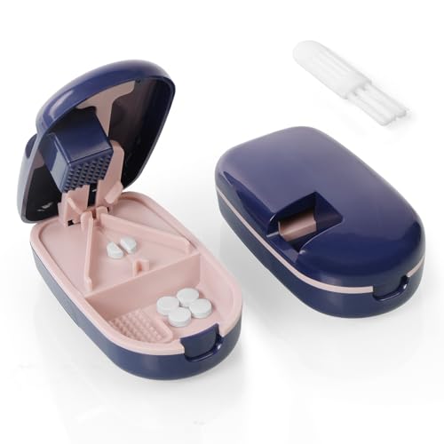 AOGOE Coupe-Comprimé, Séparateur de Comprimés avec Lame, Séparateur De Pilules Portable Avec zone de Broyage pour Couper et Écraser Petits et Gros Cachets, avec compartiment de rangement pour pilules