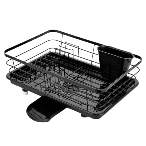 Image of ZENOVIA Dish Drying Rack with Drainboard, 1 Tier Kitchen Dish Rack with Detachable Utensil Holder, Carbon Steel Dish Drainer for Countertop, Fast Water Drainage, Rust-Resistant Kitchen Organizer