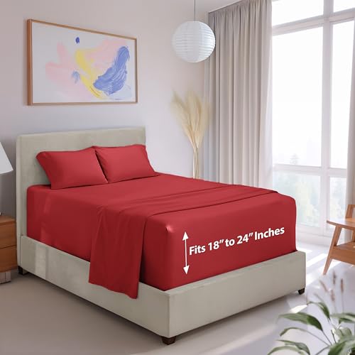 Image of Hearth & Harbor Extra Deep Pocket Twin XL Sheets - 3 Piece Hotel Luxury Twin XL Sheet Set Fits Up to 24 inch Mattress - Soft Luxury Twin XL Bed Sheet Set - Soft & Breathable, Twin XL, Burgundy Red