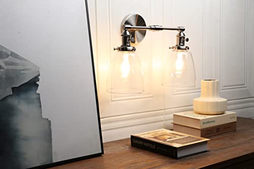 Phansthy Vintage 2 Light Wall Lamp With Switch, Double Light Wall Lighting With 5.6" Bell Shaped Glass Canopy, Retro Industrial Farmhouse Dual Light Wall Sconce (Brushed) #TOP2