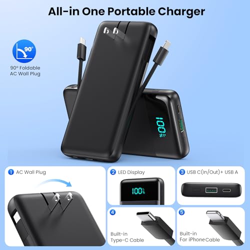 Image of Portable Charger for iPhone,13800mAh Slim Power Bank with Built-in Cables & AC Wall Plug,All in One 4 Outputs USB C Fast Charging Battery Pack Powerbank for iPhone 17 /16 /15 /14,Android,Travel Essential