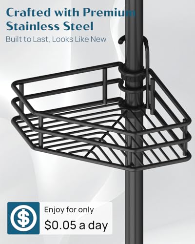 Image of SEIRIONE Corner Shower Caddy Tension Pole, Quick Setup, Rust-Free Bathroom Shower Organizer Corner for Bathtub Shampoo Storage, 4-Tier Adjustable Shelf, Drill Free, Fits 34 to 116 Inch Height, Black