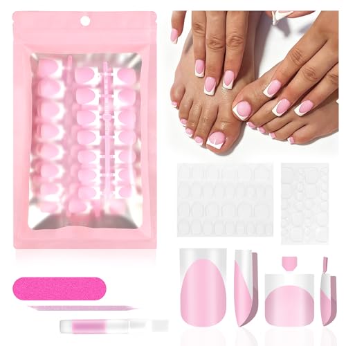 60Pcs Light Pink French Tip Press on Nails & Press on Toenails Set Square Fake Nails Kit with Nail Glue 15 Sizes Acrylic Full Cover Toe Nail Press Ons Stick on Nails for Women DIY Home Manicure