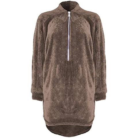Fashion Star Womens Fleece Zip Up Baggy Fluffy Faux Fur Oversized Dip Hem Hi Lo Jumper Top Fluffy Jumper Mocha M/L Cover