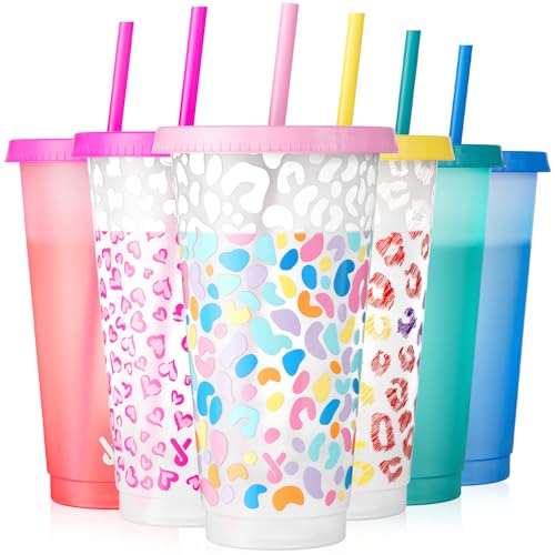 Meoky Plastic Cups with Lids and Straws - 6 Pack 24 oz Color Changing Cups Iced Coffee Cups Reusable Tumblers Bulk for Party Car Adults Women BPA-free (Solid & Patterned)