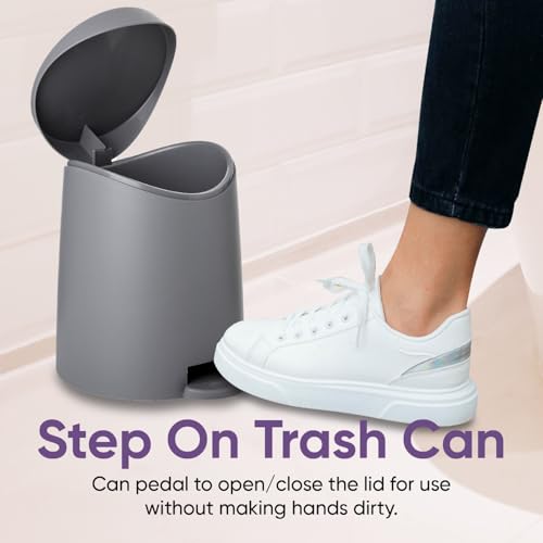 Image of Superio MIni Trash Can with Lid 3 Liter Grey, Plastic Mini Waste Bin 0.75 Gallon, Modern Flat Lid Step Trash Can with Foot Pedal, Bathroom, Bedroom, Office, Under Desk, Soft Close