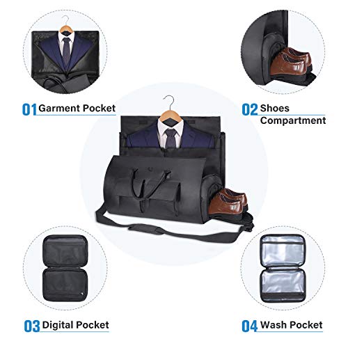 Garment Bag Duffel Bag Microfiber Leather Carry on Suit Travel Bag with Digital Pocket and Wash Pocker Weekend Bag with Shoe Pouch for Men (Black)