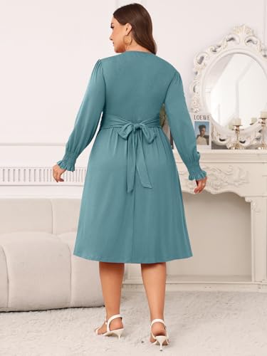AMCLOS Women's Plus Size Casual Dress 2 Pockets Square Neck Back-Tie Crosswrap Bodice Elegant Work Business Long Sleeve2
