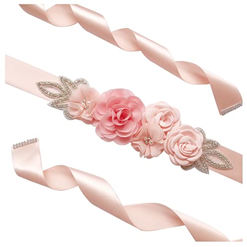 SHTGOI Cinturón de mujer con perlas de estrás para novia, con flores, cinta de raso, para bodas, para dama de honor, faja, rosa, vestido de novia, accesorio para vestido, 270 cm, rosa claro