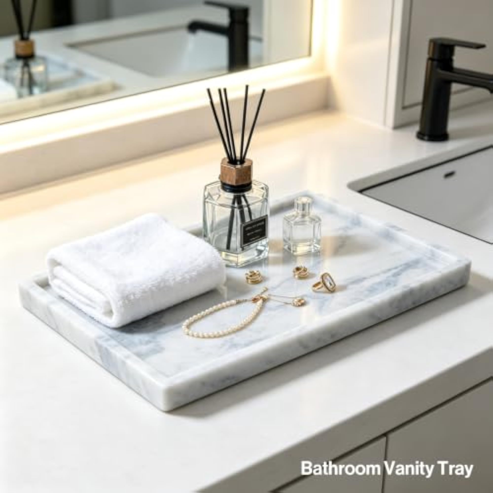 Marble Vanity Tray for Bathroom Kitchen Countertop, Rectangular