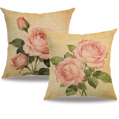 7COLORROOM Lot de 2 housses de coussin décoratives romantiques de style vintage shabby chic en coton et lin pour canapé, chambre à coucher, voiture - 50,8 x...