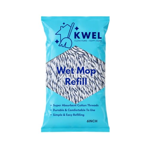 Image of KWEL Super Absorbent Cotton Wet Mop Refill 6 Inch (300 GM) Pack of 1(Blue & White) | Heavy Duty Floor Cleaning Mop Refill for Home, Office, Kitchen & Tiles