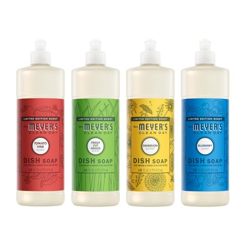 Image of Mrs. MEYER'S Clean Day Dish Soap 16 FL OZ Each, Fresh Cut Grass, Tomato Vine, Dandelion, Blueberry, 1 CT (Variety Pack)