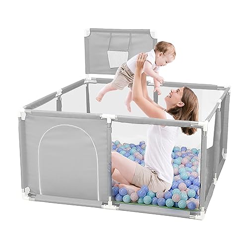 Sinbide Parc bébé amovible lavable grand parc avec panier de basket-ball, zone d'activité pour enfants avec grille de protection, gris, 128 x 128 cm