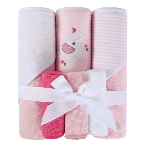 Image of Softan Baby Hooded Towels and Washcloths Set 6 Pack, 28x28 Ultra Soft & Absorbent Baby Bath Towels for Newborn Infant Toddler, Unisex Boys Girls (Pink Elephant)
