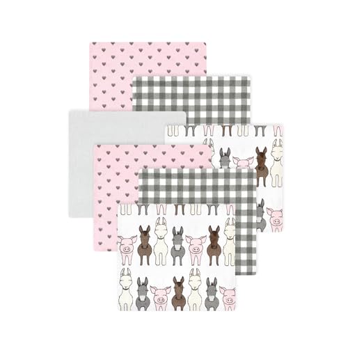Image of Little Treasure Hudson Baby Cotton Poly Flannel Receiving Blankets Multipack, Pink Farm Friends, 30x30 inches
