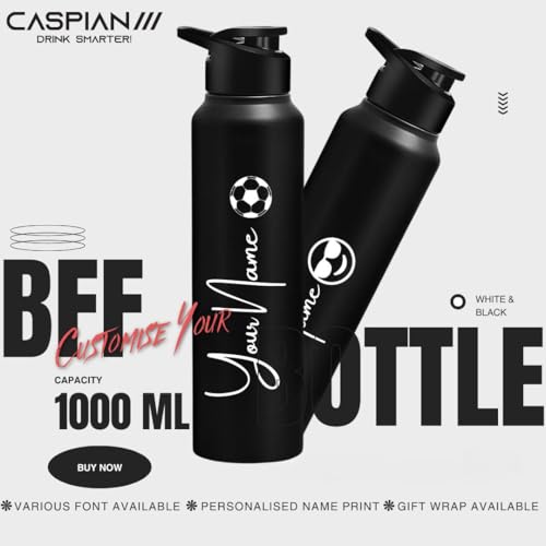 Image of Caspian Hike Customised Stainless Steel Water Bottle 1L, Combo Black with Logo Print - Personalised Water Bottle with Your Name Print for School Office Gym- Perfect for Corporate Gifting (Set of 2)