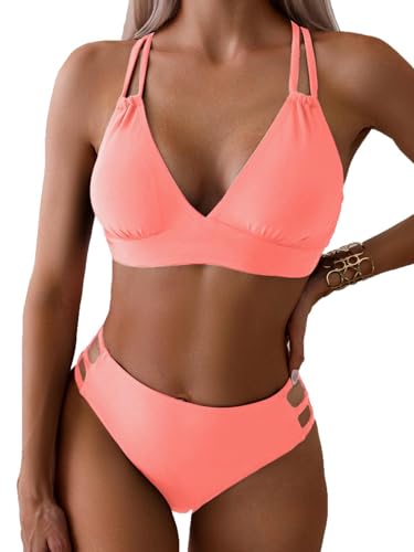 Image of Fanuerg Women's Sexy V Neck Bikini Sets Hollow Out Two Piece Swimsuits Cutout Mid Waist Bathing Suit