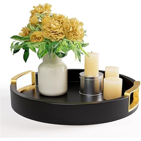 Round Decorative Tray - 12" Round Black Tray with Gold Handles - Round Coffee Table Tray - Black Round Tray for Kitchen Counter - Small Round Wood Tray with Handles - Round Serving Tray with Handles Cover
