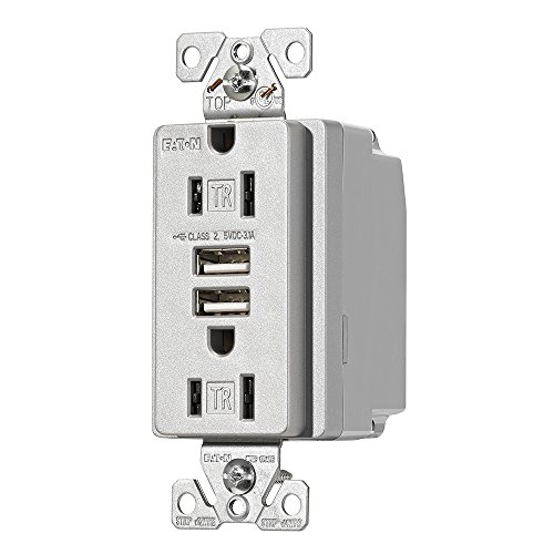 EATON TR7755SG-K-L Combination USB Charger with Tr Duplex Receptacle, Wire Leads, 12-14 Awg, 125 Vac, 15 A, Silver Granite