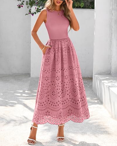 Image of dowerme Women Summer Dresses 2026 Casual Sleeveless Crewneck A-Line Boho Lace Eyelet Cotton Tank Maxi Dress with Pockets