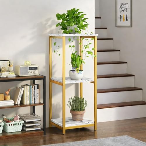 Image of Device Bas with BROWN ART SHOPPEE Plant Stand Indoor Outdoor,Tall Metal Plant Stands, 3 tier Flower Pot Plant Holder, Modern Plant Shelf for Corner Living Room Garden Balcon (Gold & white)