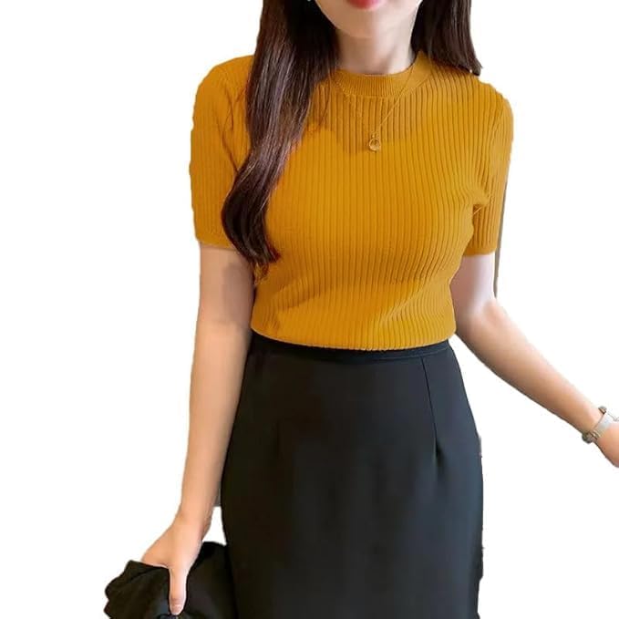 Image of Slim Fit Plain Stretchable Round Neck Rib Knit Short Sleeve Regular Top for Women | T Shirt | Tee