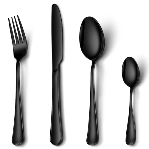 Black Cutlery Sets, NINIROR 16 Piece Food-Grade Stainless Steel Flatware Silverware Set for 4 People Include Spoon Knife and Fork Sets Mirror Polished Dishwasher Safe for Home Restaurant Modern Design