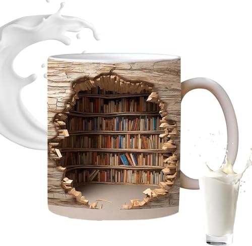 3D Bookshelf Mug, 3D Bookshelf Coffee Mug, Library Bookshelf Mug, Book Lovers Coffee Mug, Creative Space Design Ceramic Mug Gifts for Readers Bookish (Brown)