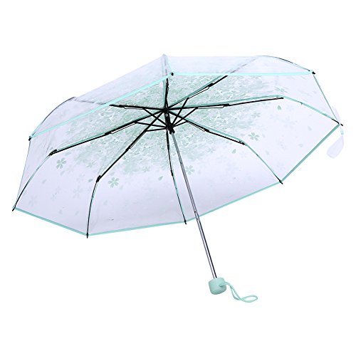 Paraguas Plegables Resistente al Viento, Paraguas Transparente Mujer, Paraguas plegables claros transparentes de 36 pulgadas con la flor de cerezo para el viento y la lluvia pesada(# Light Green)