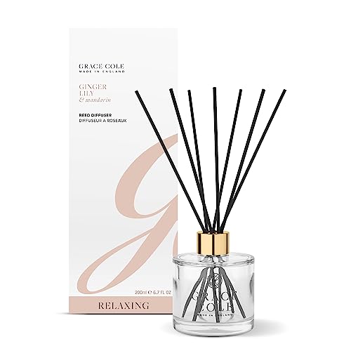 Grace Cole Botella de Vidrio difusor de Aceite Esencial de Jengibre y Mandarina de 6.7 onzas con 7 lengüetas, Fabricado en Inglaterra