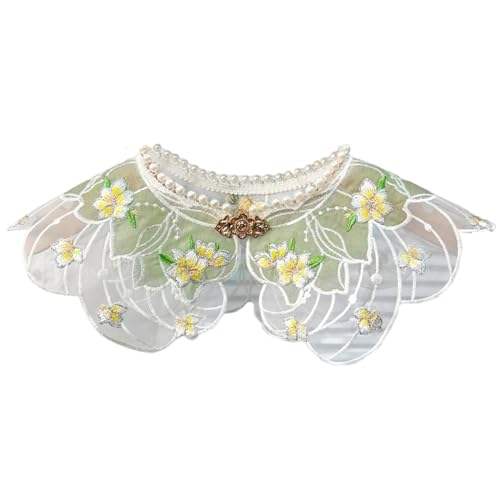 False Collar Lace Shawl Wrap Yunjian Collar Detachable Embroidery Flower Decorative Chinese Yunjian Studded, 46cm/18.11inch, Green White