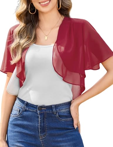 Aottori Cardigan Boléro Court Femme en Mousseline de Soie Gilet à Manches Évasées Courte Boléro Veste Elégant Chic pour Robe Bretelle Mariage Vin Rouge S