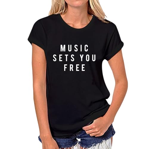 GZNIUL Women's T-Shirts Printed Music Sets You Free Black T Shirt, Black, Medium