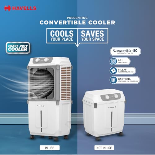 Image of Havells 2-in-1 Convertible 80 L Desert Air Cooler for room| Dual functionality & easy storing| Can be used as side table| 5 Leaf Metal Blade Fan| Powerful Air-Delivery| Bacteria shield honeycomb pads