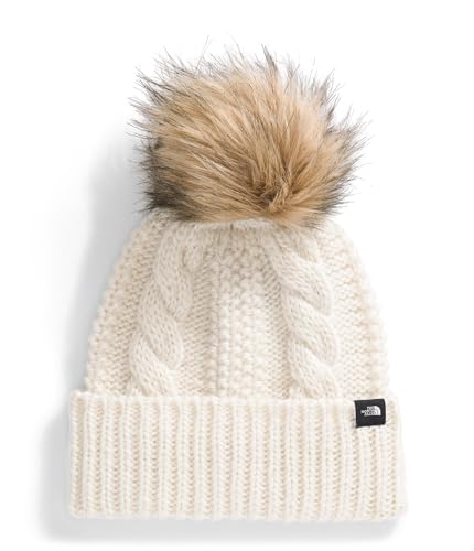 The North Face Kids' Oh Mega Fur Pom Beanie | Deep Fit, Cuffed Winter Hat with Soft Cable Knit Texture, Removable Faux-Fur Pom, White Dune, One Size