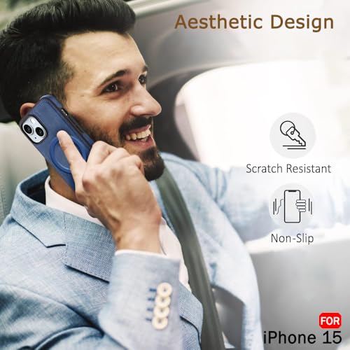 Image of TheGiftKart Genuine Leather Finish Back Cover Case for iPhone 15 | Shockproof Design | Raised Edges for Camera & Screen Protection | Stunning Minimalist Design Case Cover (MagSafe Compatible, Blue)