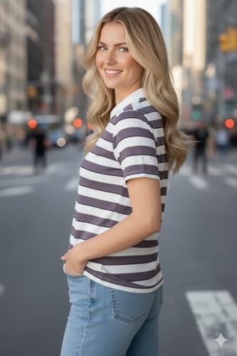 Image of Mack Jonney Women's Striped Polo T-Shirt | Half Zip Collar | Half Sleeve Cotton Casual Top | Relaxed Fit-M7496