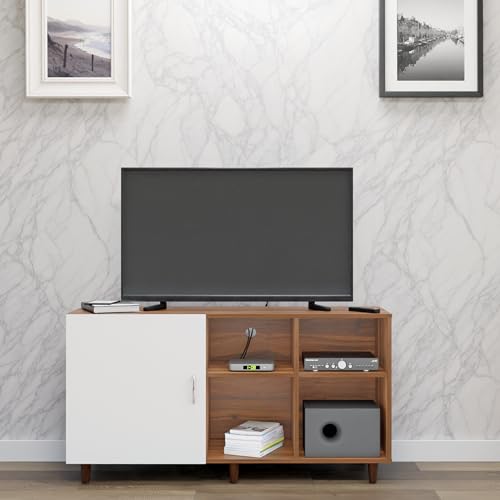 Image of VIKI Modern TV Unit for Living Room | Engineered Wood TV Cabinet with 1 Door Storage & 2 Open Shelves, Entertainment Unit, 140W x 74H x 40D cm | DIY | 1 Year Warranty (Walnut & White)