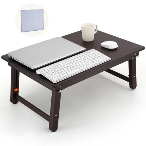 Nnewvante Foldable Laptop Desk, 25.6 Inch Laptop Bed Tray Table with Mouse Pad, Adjustable Floor Table for Writing Eating Gaming, Lap Table for Adults, Kids, Black Walnut