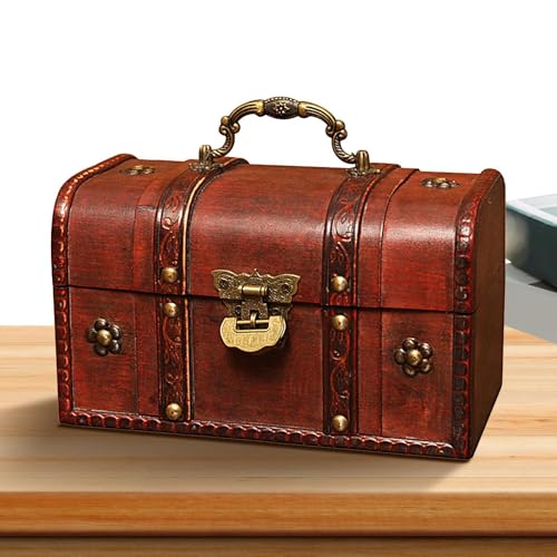 Estuche de joyería antigua: cofre de tesoro de madera clásica, caja de seguridad segura | Almacenamiento de estilo vintage para anillos, pulseras, recuerdos, acento de decoración del hogar, organizado