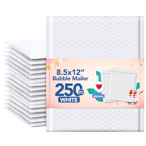 GSSUSA White Bubble Mailers 8.5x12 Large Padded Envelopes 250 Pack Strong Adhesion Bubble Mailer Self-Seal Bubble Envelopes for Mailing Clothes,Magazines