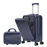 Suitcase Set Carry On Suitcase and Carryon Suitcase ABS Spinner Wheel Luggage with Combination Lock Front Opening Design 14 Inch and 20 Inch Two Piece Luggage Set with Cosmetic Case Navy