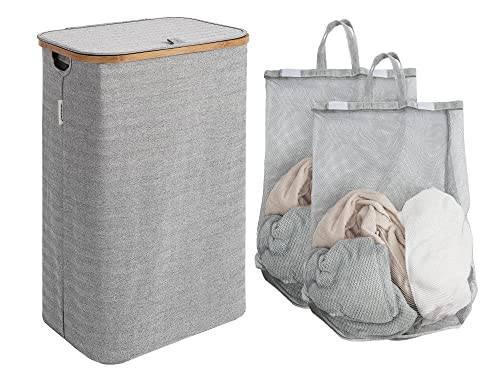 Image of StorageWorks 100L Large Laundry Hamper with Lid, Tall Laundry Basket with Bamboo Handles and 2 Removable Inner Bag, Collapsible Laundry Hamper for Clothing, Toys, Towels, Grey, 1-Pack