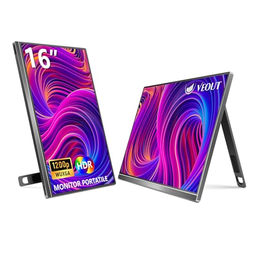 Veout 16" Portable Monitor for Laptop, 1920 * 1200P FHD IPS Travel External Screen, Dual USB-C & Mini-HDMI Blue Light Filter Eye Care Second Display with 4 Colors Kickstand, 0.3" Ultra-Slim