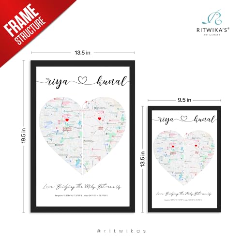 Image of Ritwika's Personalized Picture Frame With Long Distance Map - Customize With Your Name, Message And Place | For Couples and Friends | In Two Size 9.5 x 13.5 and 13.5 x 19.5 Inch, Set of 1