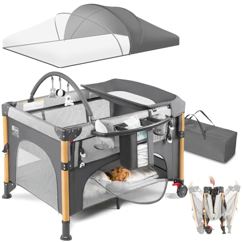 Image of Baby Bassinet Bedside Crib with One-Hand Setup 5-in-1 Foldable Pack n Play for Travel, Portable Baby Bassinet with Diaper Changer & Adjustable Mattress for Newborn to Toddler (Grey)
