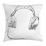 Ambesonne Music Throw Pillow Cushion Cover, Sketch Style Hand Drawn DJ Headphones Rhythm Radio Modern Hippie Art Illustration, Decorative Square Accent Pillow Case, 26' X 26', Grey and White